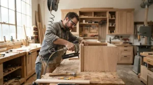 Construction worker handling a pneumatic finish nailer while building custom cabinetry indoors.