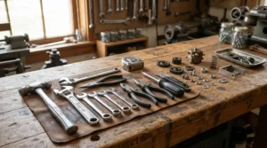 A heavy-duty combination wrench set for mechanics laid out on a workbench next to engine parts.