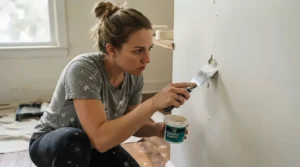 A renter using a home tool kit for apartment renters to patch a small nail hole before moving out.
