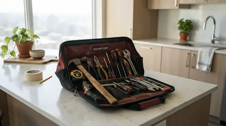 A comprehensive home tool kit for apartment renters placed neatly on a kitchen island during a weekend DIY project.