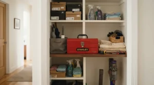 A compact home tool kit for apartment renters stored neatly on a closet shelf in a small studio living space.