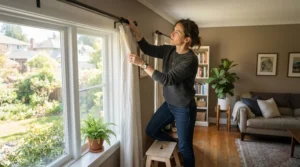 A renter using items from a home tool kit for apartment renters to install a tension rod and curtains.