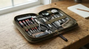 A compact tool kit for small apartments opened on a dining table with screwdrivers and pliers visible.