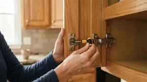 An apartment repair tool kit being used to tighten a loose cabinet handle in a rental kitchen.