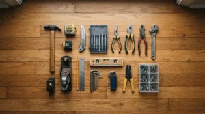 Rental-friendly hand tools laid out from a home tool kit for apartment renters on a hardwood floor.