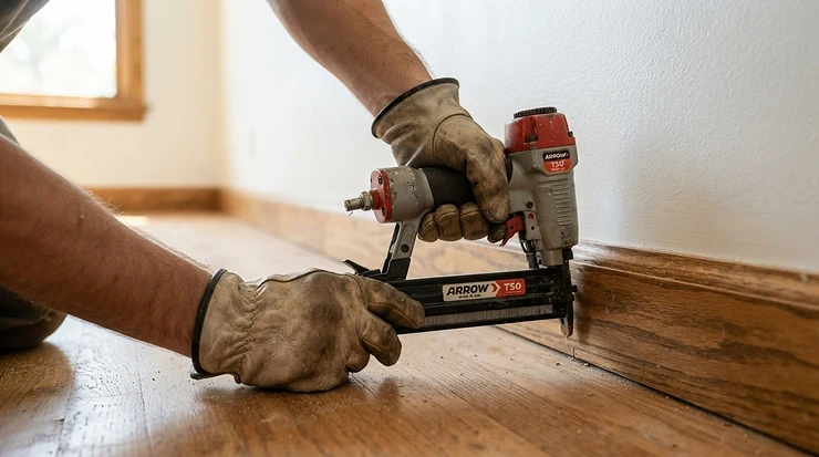 Detailed view of installing baseboards using a 15 gauge vs 16 gauge finish nailer setup in a living room.