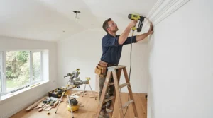 DIYer on a stepladder installing crown molding with the best cordless brad nailer