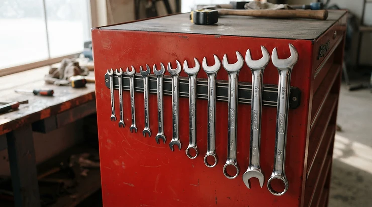 A metric combination wrench set for mechanics neatly aligned on a magnetic storage rail.