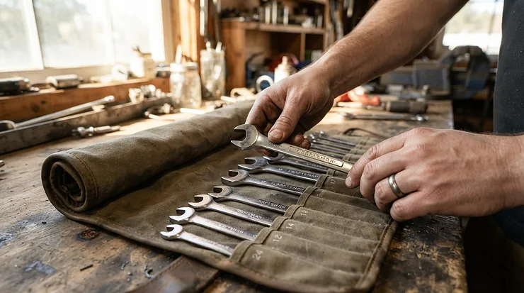 A mechanic organizing a metric wrench set while working on an import vehicle repair in a home garage.