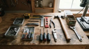 Flat lay of different finish nailer gauges next to a measuring tape and safety glasses.