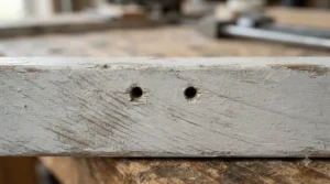 Macro shot of nail holes left in hardwood trim by different finish nailer gauges.