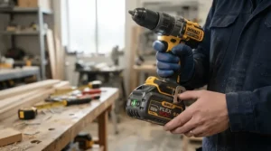 A rechargeable lithium-ion battery sliding into the handle of a modern handheld finishing nailer