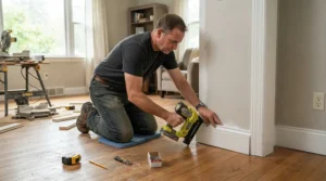 Installing baseboard molding in a living room using a lightweight battery-operated brad nailer