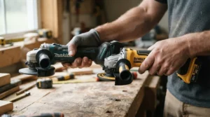 Close-up of hands holding a pneumatic vs cordless nail gun to demonstrate weight and balance differences