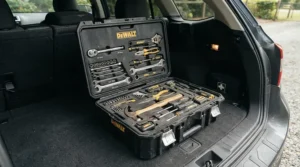 A portable metric wrench set stored in the trunk for quick adjustments on import cars.