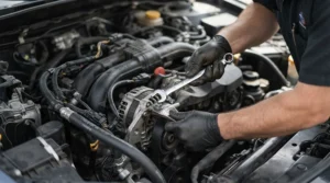 A professional mechanic holding a piece from a combination wrench set for mechanics while repairing a vehicle engine.