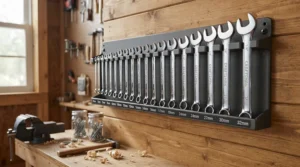 A heavy-duty metric wrench set mounted on a pegboard wall in a professional repair shop.