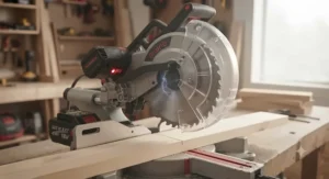 Clear protective blade guard and electric brake safety features on a cordless miter saw.