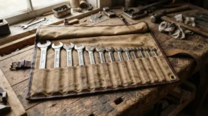 A shop-grade combination wrench set for mechanics displayed in a roll-up canvas pouch on a workbench.