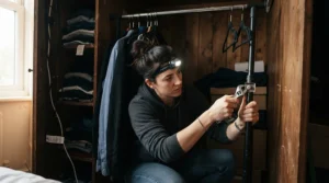 Tightening a loose closet shelf with a handy tool kit for college dorm room upkeep.