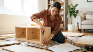 Student assembling a new desk using a tool kit for college dorm room setup.