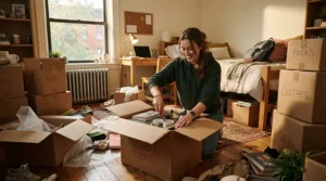 Unpacking boxes with a small tool kit for college dorm room organization.