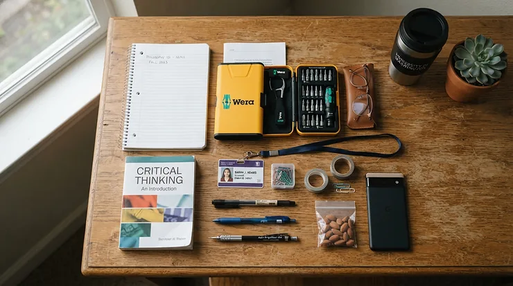 Laying out packing essentials including a tool kit for college dorm room arrival.