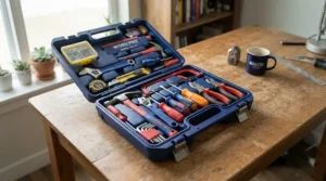 Close-up of a compact tool kit for college dorm room maintenance and quick fixes.