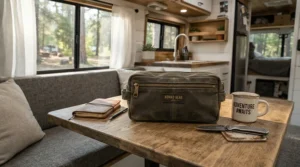A portable tool set for RV and camping stored in a durable compact tool bag inside a camper interior.