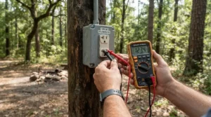A specialized tool set for RV and camping featuring electrical testers for checking hookup power pedestals.