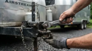 Using a wrench from a tool set for RV and camping to tighten a trailer hitch at a scenic campsite.