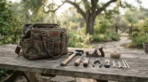 A comprehensive tool set for RV and camping laid out on a picnic table during routine vehicle maintenance.