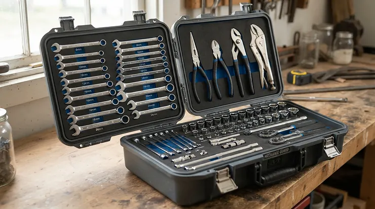 A well-organized tool set for RV and camping displayed with sockets, pliers, and wrenches in custom foam slots.