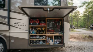 A compact tool set for RV and camping packed inside the storage compartment of a motorhome before a road trip.