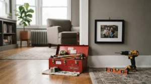 An essential tool set for women beginners displayed in a modern apartment setting.