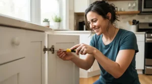 A woman using her first DIY tool set for women beginners to tighten a loose cabinet hinge.
