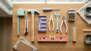 A lightweight tool set for women beginners laid out neatly on a wooden workbench.