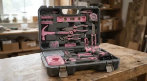 A compact tool storage case included with a complete tool set for women beginners.