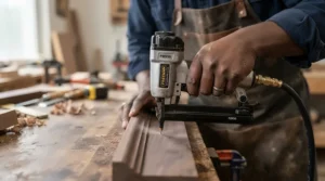 Close-up of the best cordless brad nailer driving a fastener flush into a hardwood baseboard
