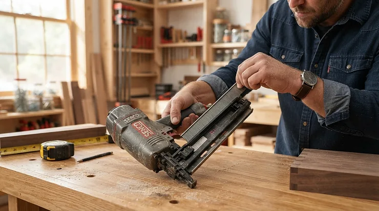 Close-up of a DIY enthusiast holding the best cordless brad nailer while assembling custom shelving.