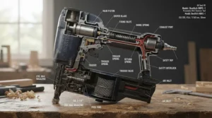 An instructional diagram outlining the core mechanical parts of a standard pneumatic fastener tool for types of nail guns explained.