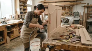 A craftsman holding a brad nailer while attaching delicate crown molding, showing details from types of nail guns explained.