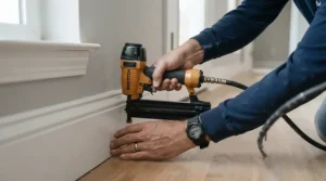 Close-up of a carpenter operating a finish nailer on interior trim work, highlighting types of nail guns explained for fine woodworking.
