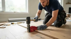 An installer using a manual mallet-actuated flooring nailer on hardwood planks, referenced in types of nail guns explained.