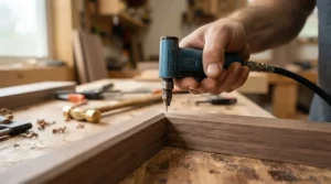 Detailed view of a pin nailer securing intricate picture frame joints as discussed in types of nail guns explained.