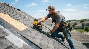 A roofer applying shingles to a suburban house roof with a specialized roofing nailer featured in types of nail guns explained.