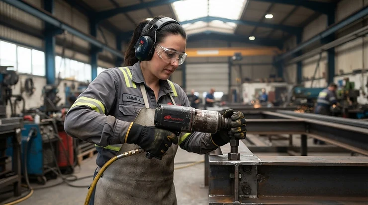 A DIY enthusiast wearing safety glasses and ear protection while handling a power tool, featured in types of nail guns explained.