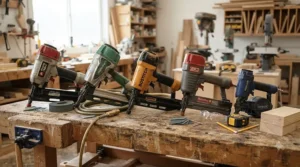 Collection of pneumatic nail guns displayed on a workbench in an American woodworking shop.