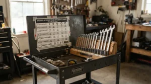 Comparing wrench sizing charts next to a complete metric wrench set on a metal tool cart.