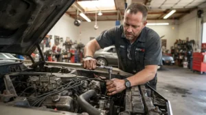Using a craftsman vs husky wrench set to tighten bolts on a vehicle engine in a home garage.